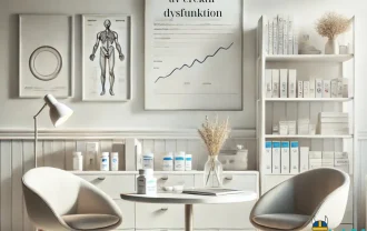 Modern medicinsk miljö med minimalistisk design, fokus på behandling av erektil dysfunktion, med skandinavisk prägel och professionell atmosfär.