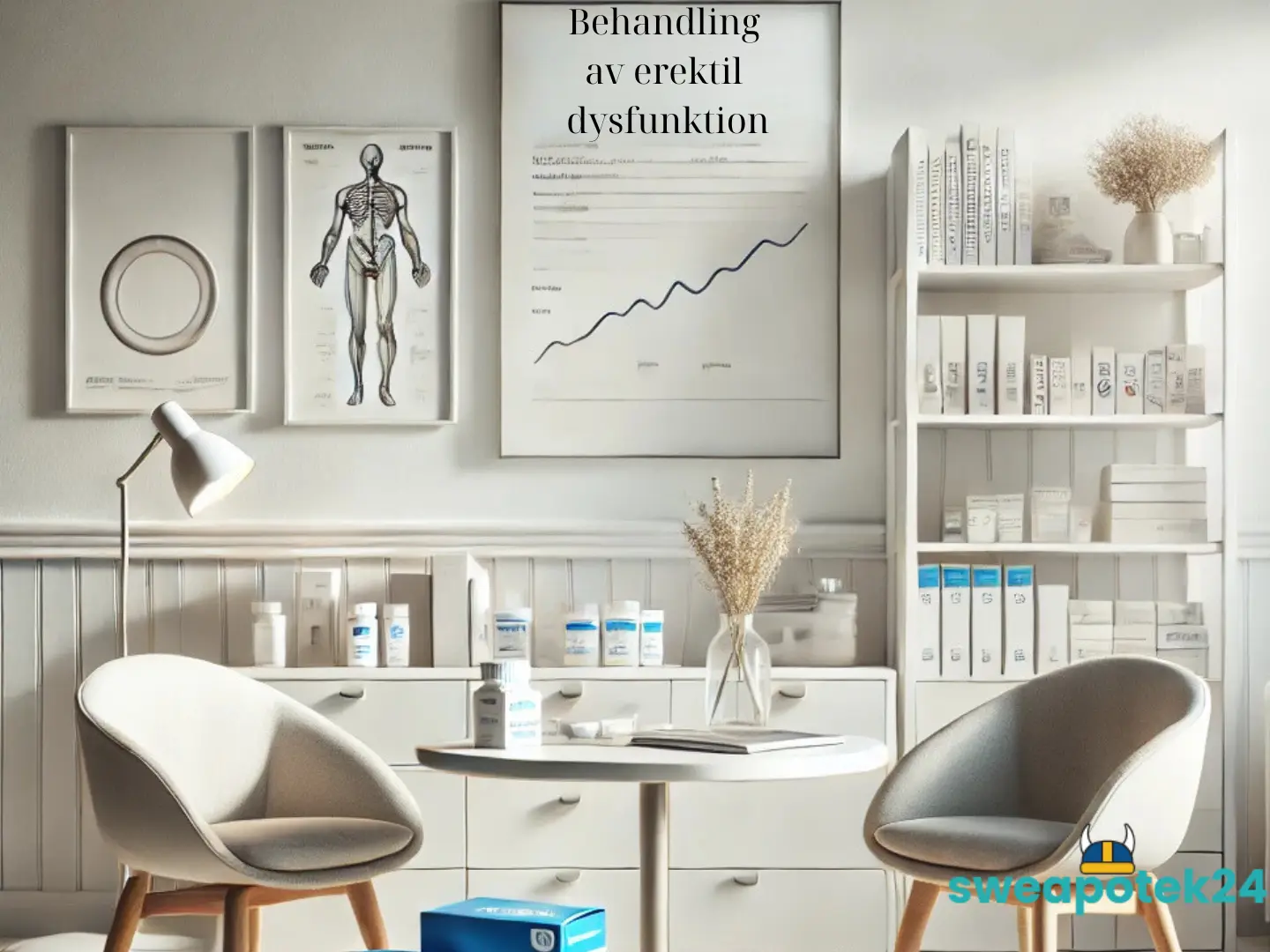 Modern medicinsk miljö med minimalistisk design, fokus på behandling av erektil dysfunktion, med skandinavisk prägel och professionell atmosfär.