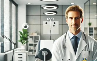 Professionelles Bild von Dr. Anders Johansson, Facharzt für Urologie in einer modernen Arztpraxis mit medizinischer Ausstattung im Hintergrund.